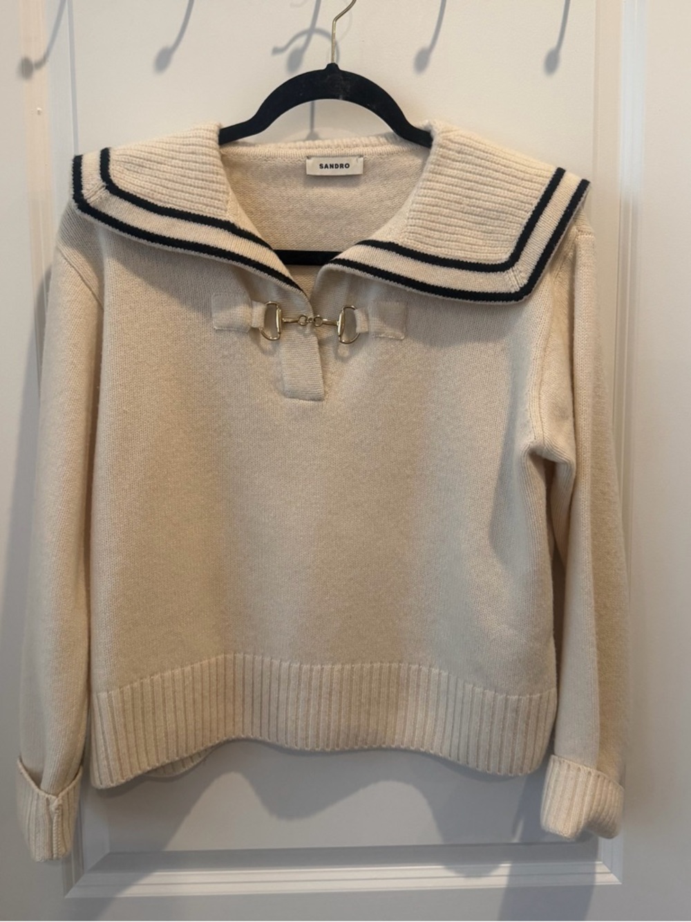 Sandro Wool Cream Sailor-Collar Sweater with Navy Stripes